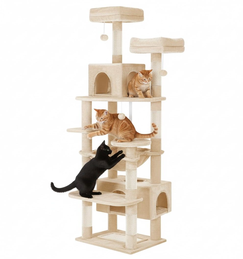 CARLA HOME 180cm Cat Tree Tower for Indoor Cats with Plush Perches, Dual Condos, Natural Sisal Scratching Posts & Ramps for Kittens & Adult Cats (Beige)